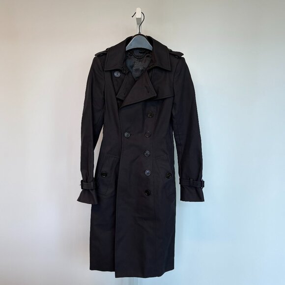 Burberry Double-Breasted Belted-Waist Black Trench Coat Size 0 - Picture 1 of 11